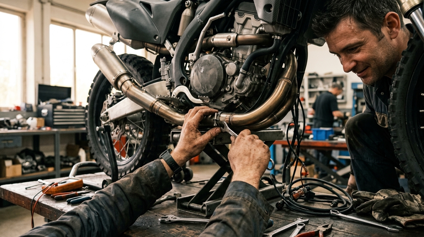 Mécanicien ajustant l'échappement d'un prototype moto