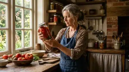 Femme inspectant un bocal de tomates fait maison