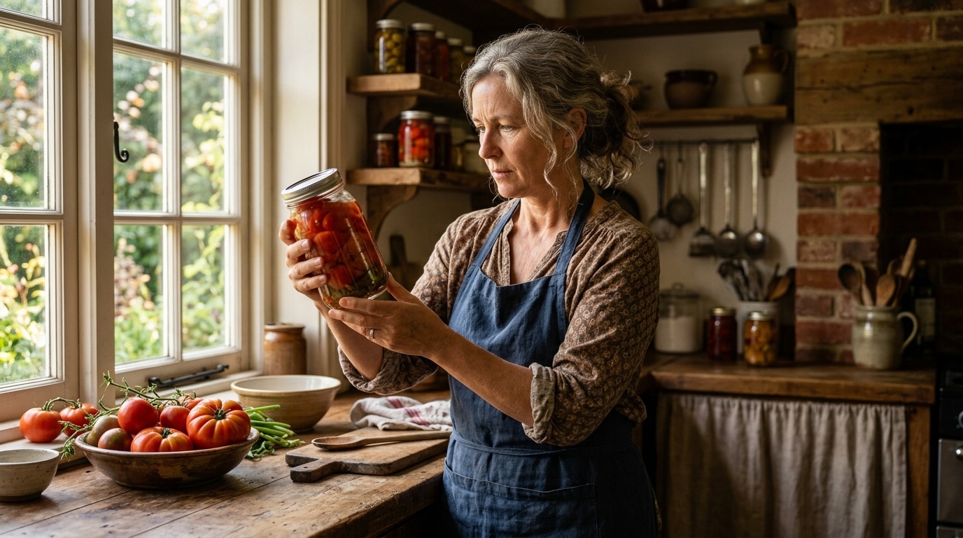 Femme inspectant un bocal de tomates fait maison