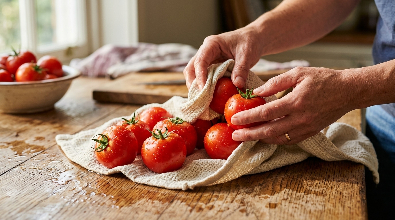 Mains séchant des tomates fraîches avant mise en bocal