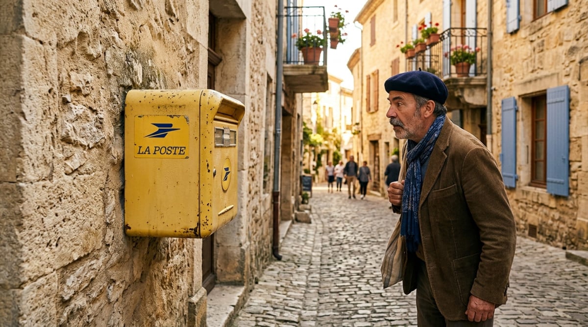 Boîte aux lettres jaune française dans une rue de village