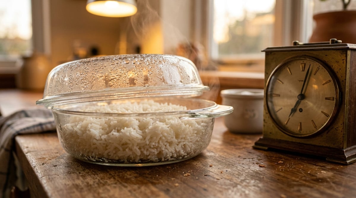 Boîte de riz blanc en train de refroidir sur un plan de travail