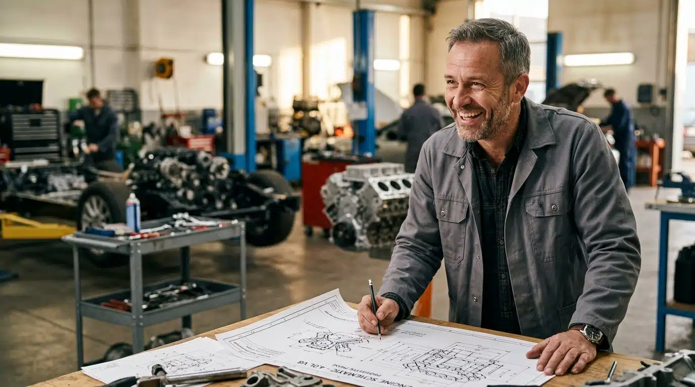 Ingénieur automobile souriant devant un plan moteur