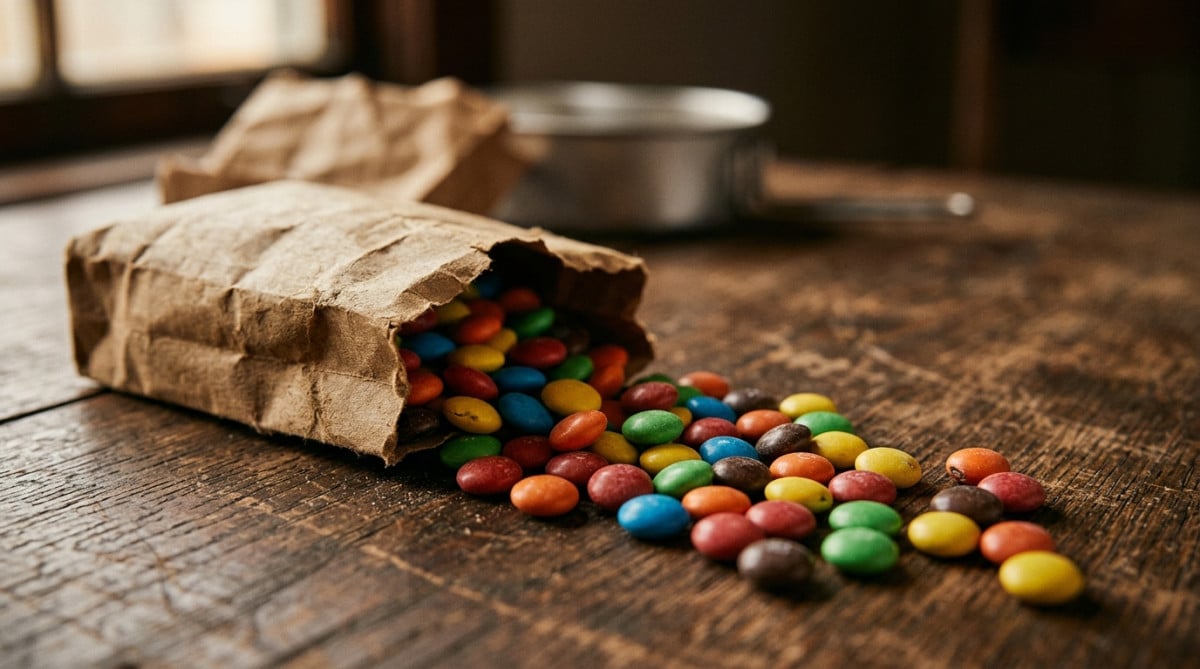Bonbons chocolatés M&M's renversés d'un sachet militaire
