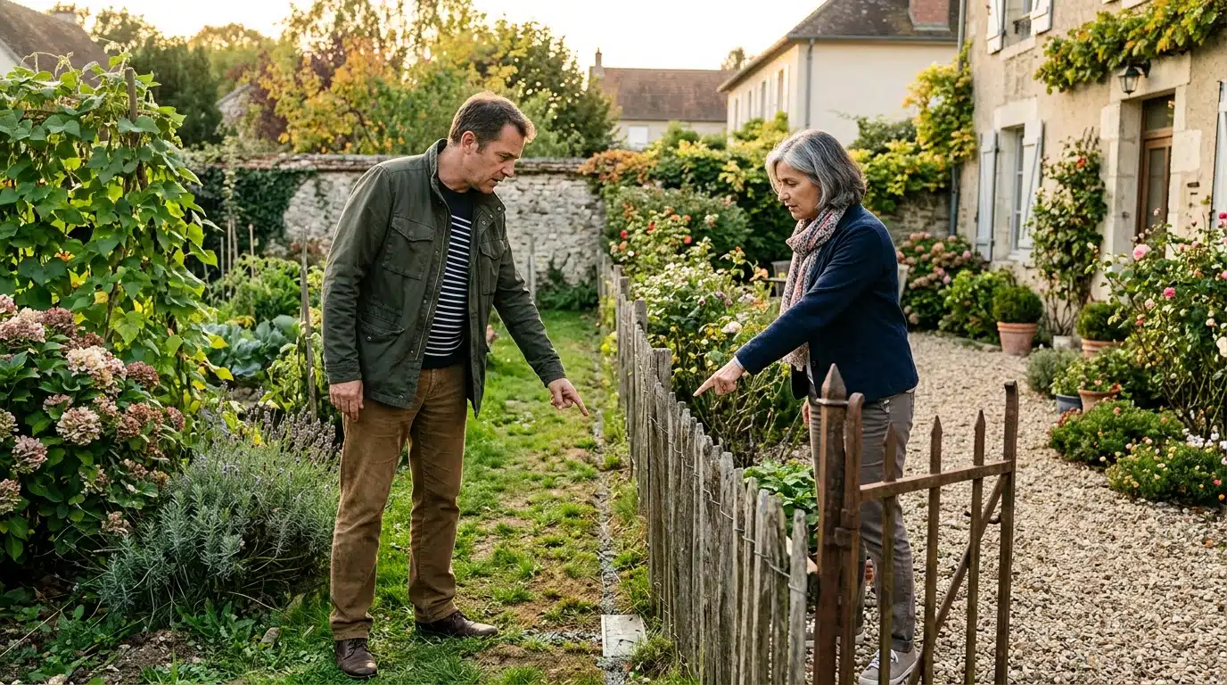 Deux voisins discutent devant une clôture de jardin