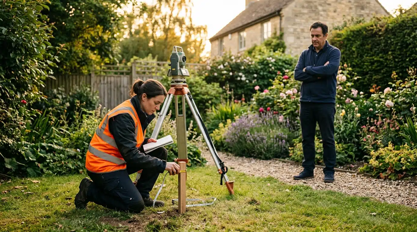 Géomètre mesurant une limite de terrain avec ses outils