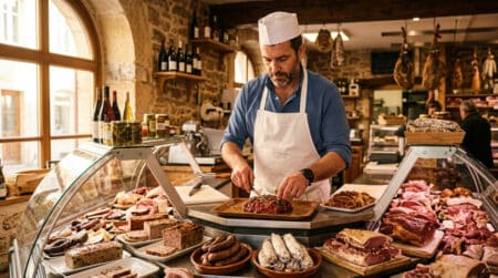 Boucher charcutier au comptoir de sa boutique à Nancy