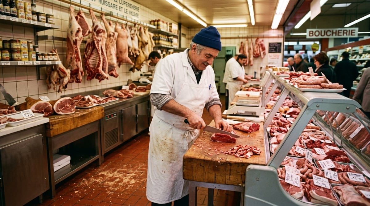 Boucher découpant la viande derrière la vitrine en 1975
