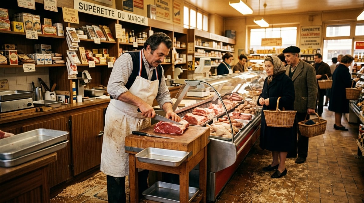 Boucher tranchant la viande dans un supermarché en 1975