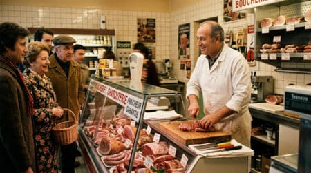 Boucher tranchant la viande derrière une vitrine dans les années 70