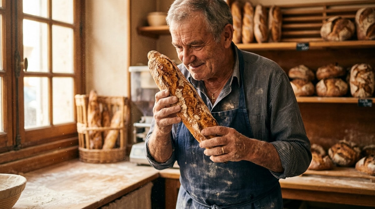 Boulanger examinant une baguette tradition fraîche