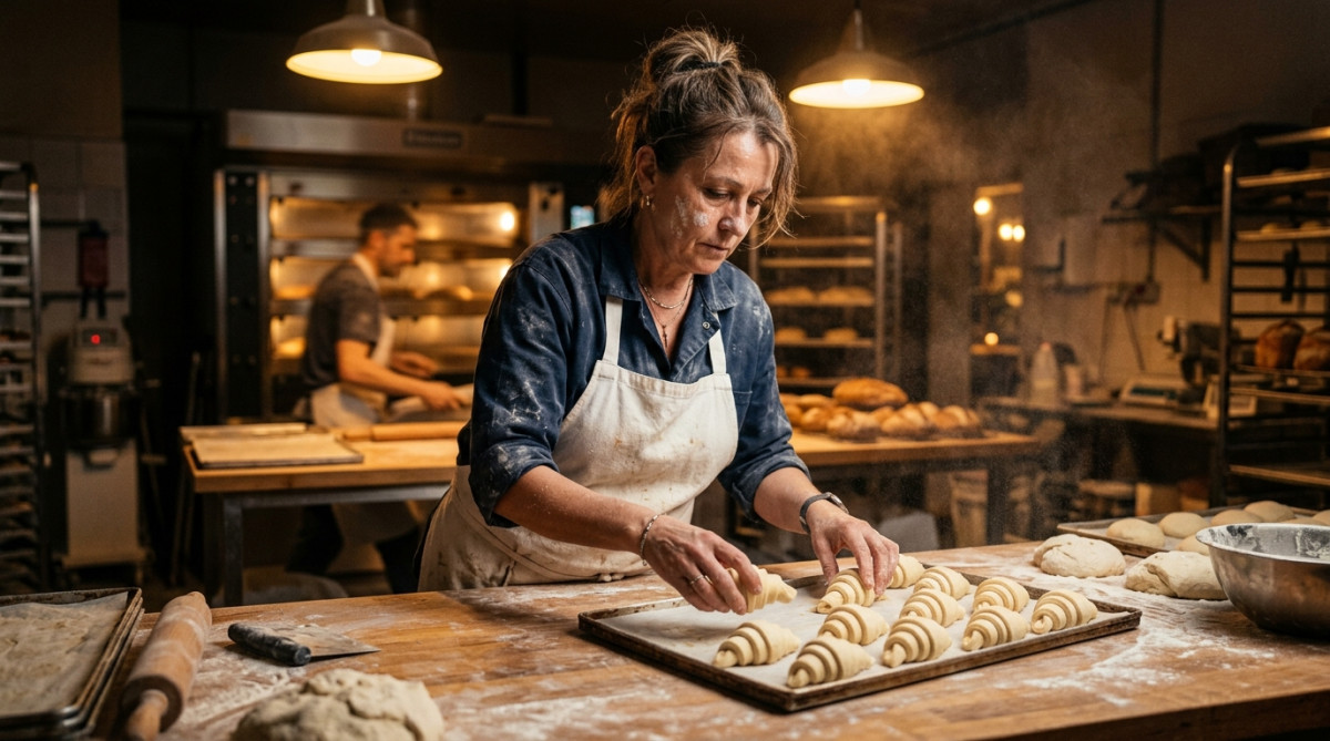 Boulanger façonnant des croissants tôt le matin