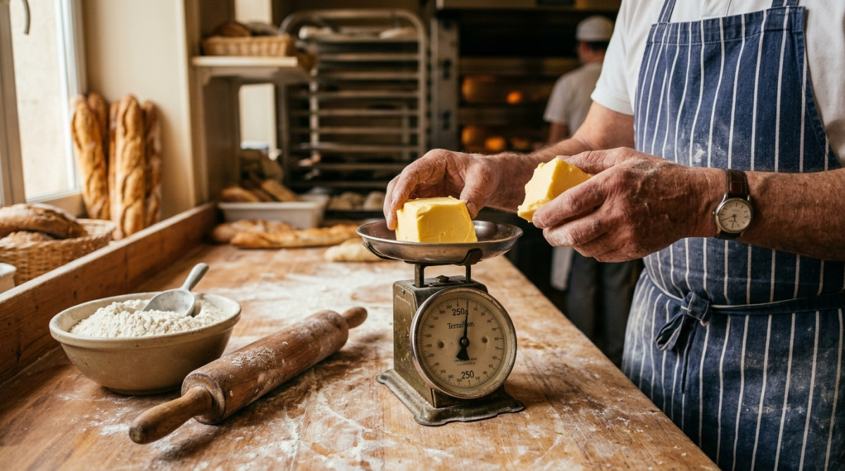 Boulanger pesant du beurre pour un croissant artisanal