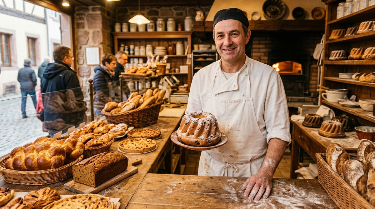 Boulanger présentant un kouglof alsacien traditionnel