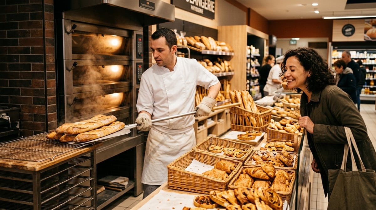 Boulanger sortant des baguettes fraîches d'un fournil en supermarché moderne