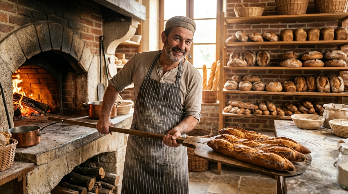 Boulanger sortant des baguettes traditionnelles du four à bois