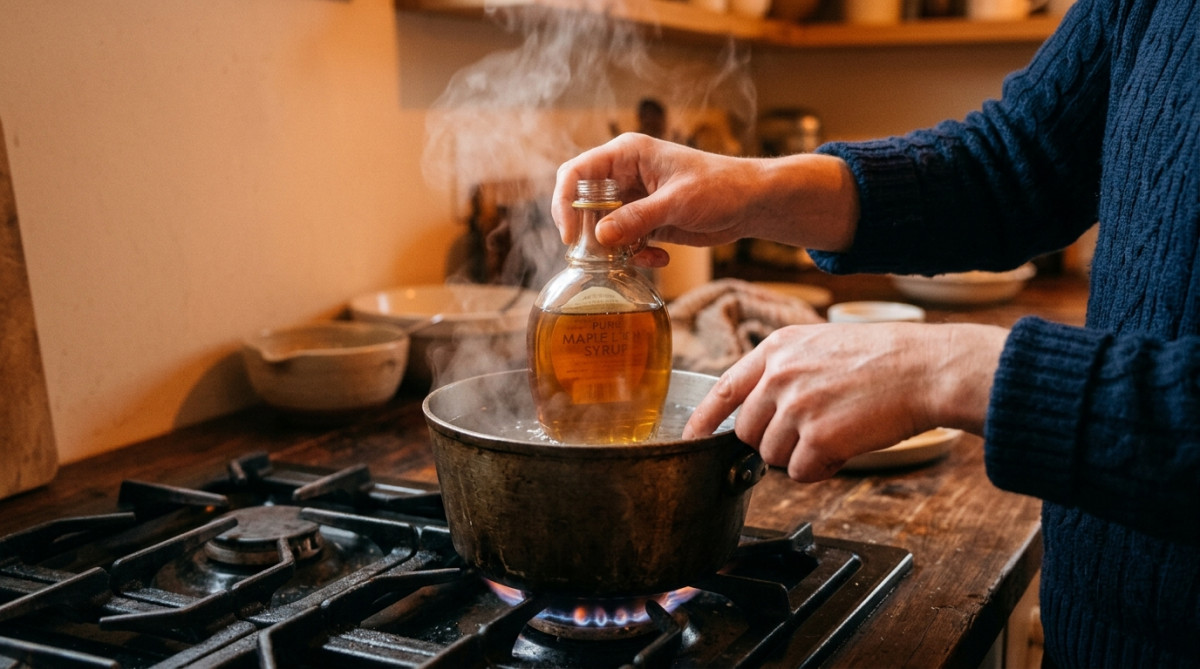 Bouteille de sirop d'érable plongée dans un bain-marie chaud