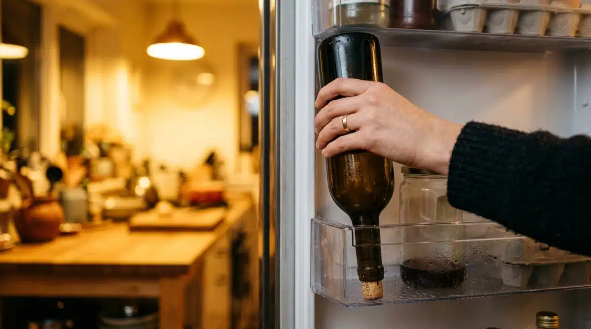 Bouteille de vin rangée tête en bas dans le frigo