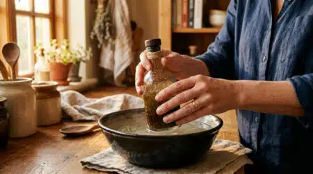 Bouteille de vinaigrette dans un bol d'eau tiède