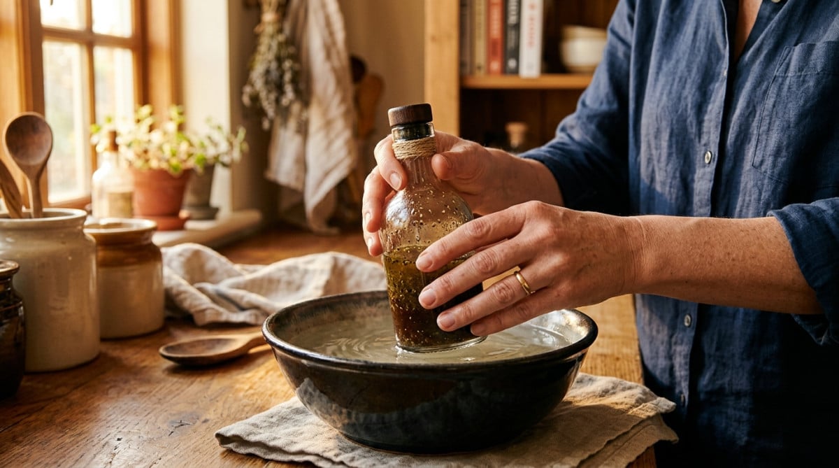 Bouteille de vinaigrette dans un bol d'eau tiède