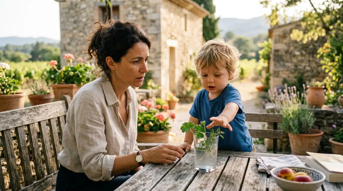 Enfant s'approchant d'un verre d'eau avec des boutures de laurier-rose