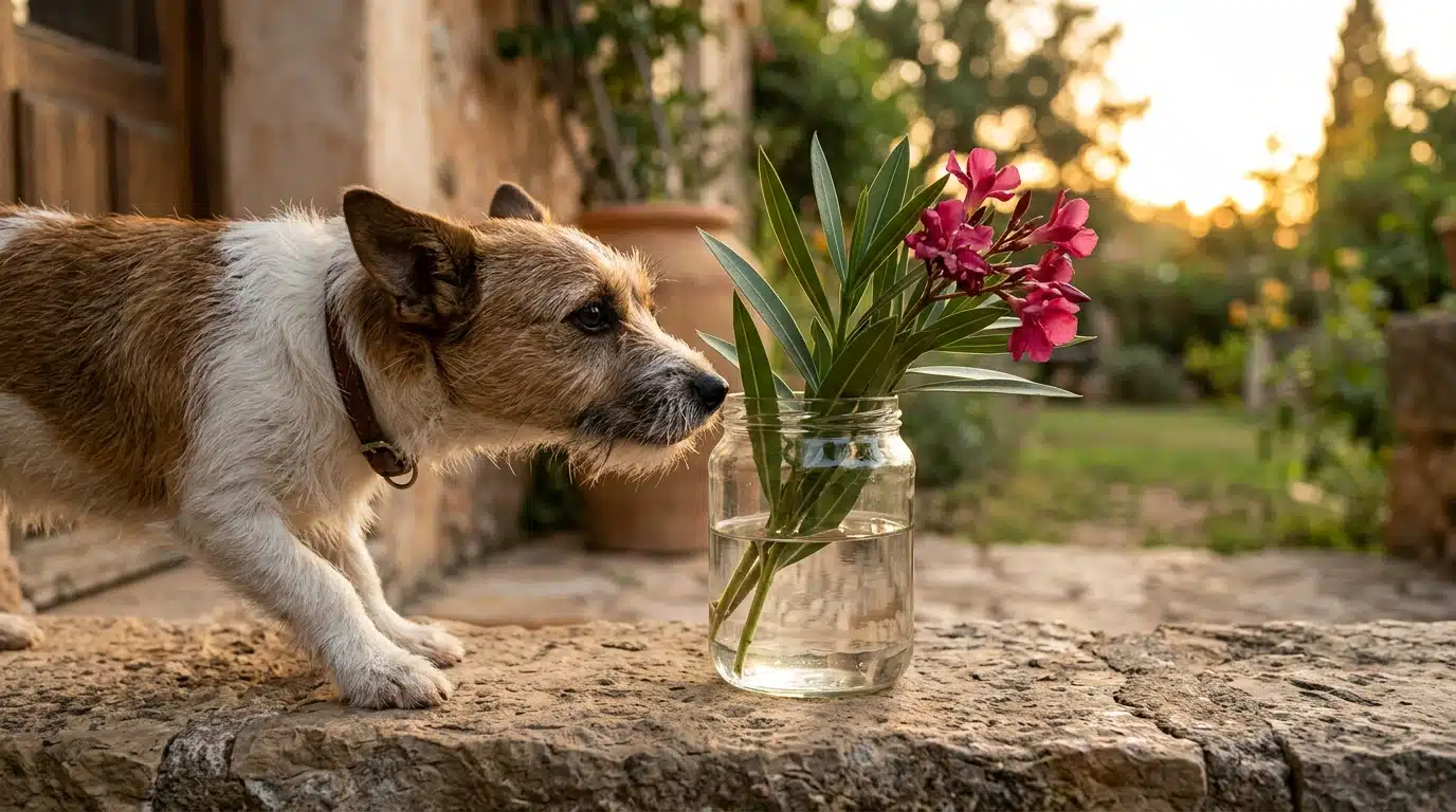 Chien reniflant un verre d'eau de bouture de laurier-rose