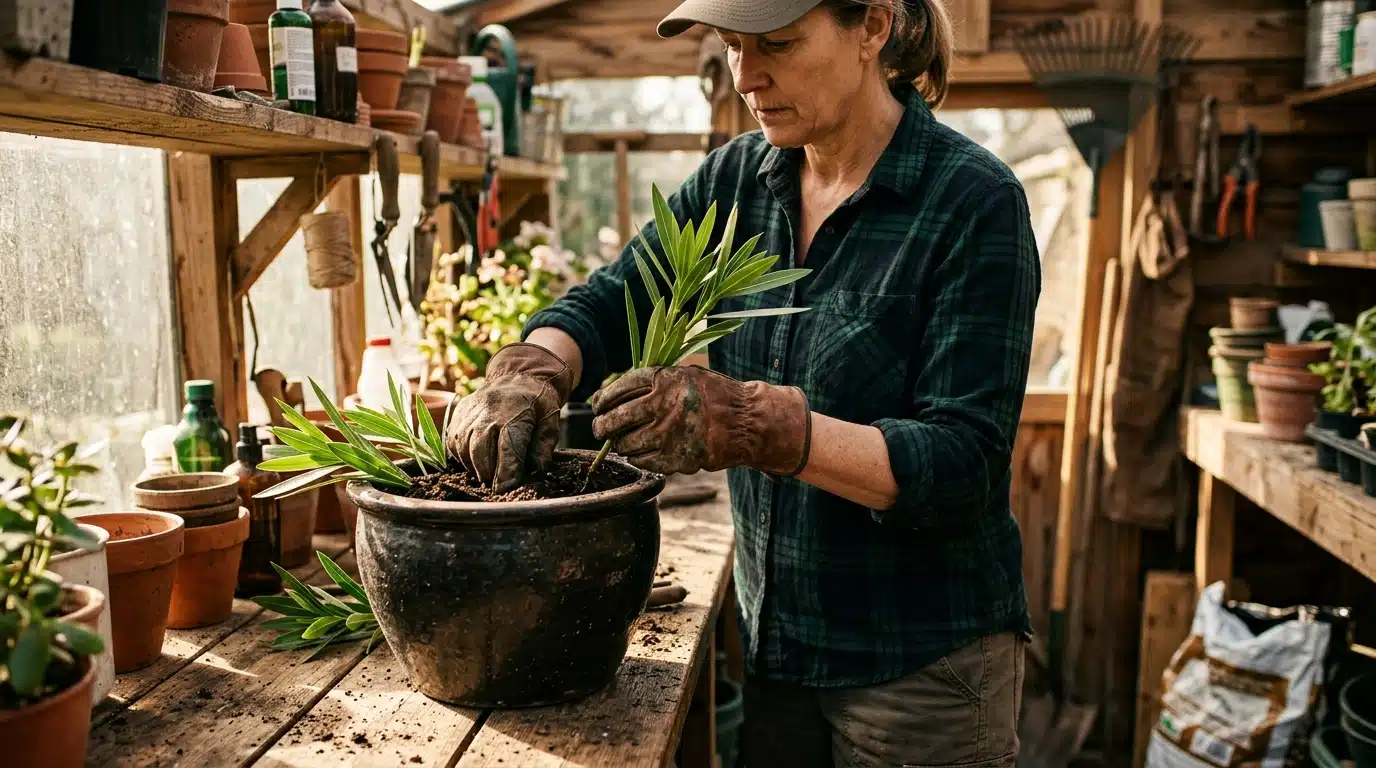 Jardinier avec des gants rempotant des boutures de laurier-rose