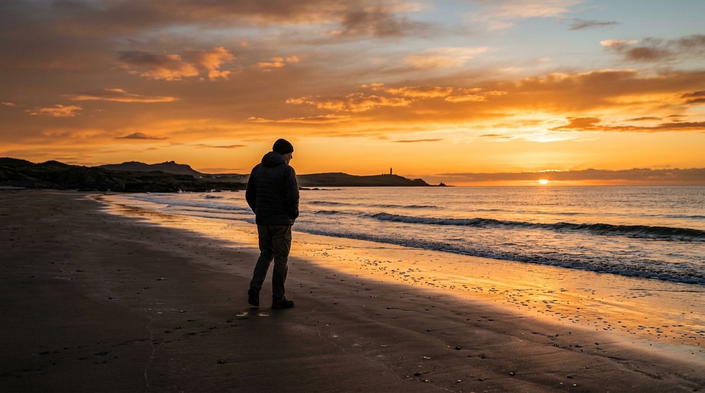 Homme marchant seul sur une plage au crépuscule