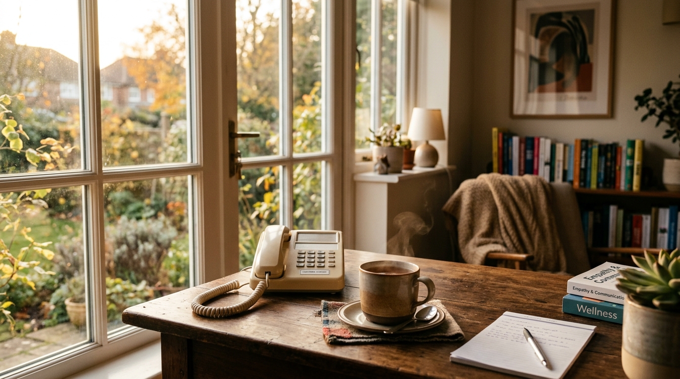 Téléphone posé sur une table dans une ambiance chaleureuse