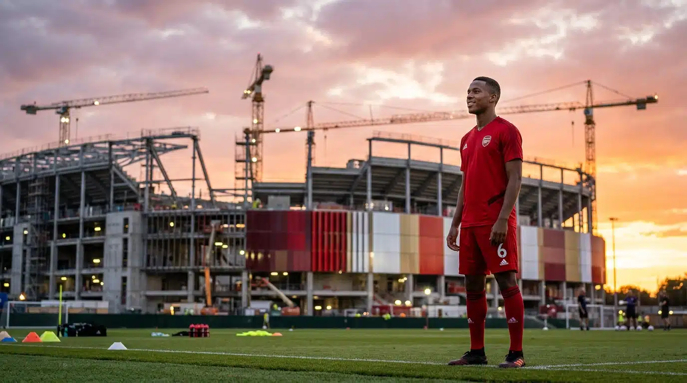 Joueur de football en kit rouge regardant vers un nouveau stade