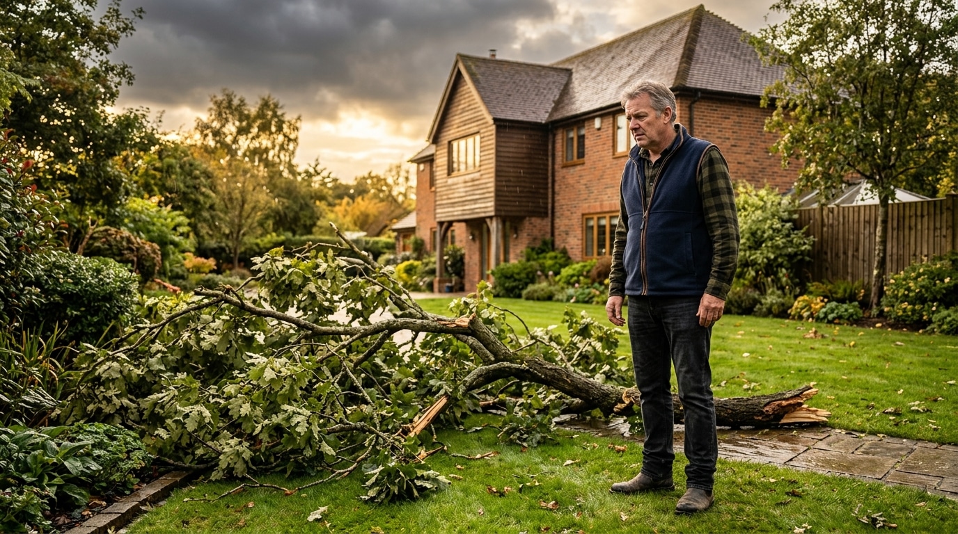 Homme inquiet devant une branche tombée après l'orage