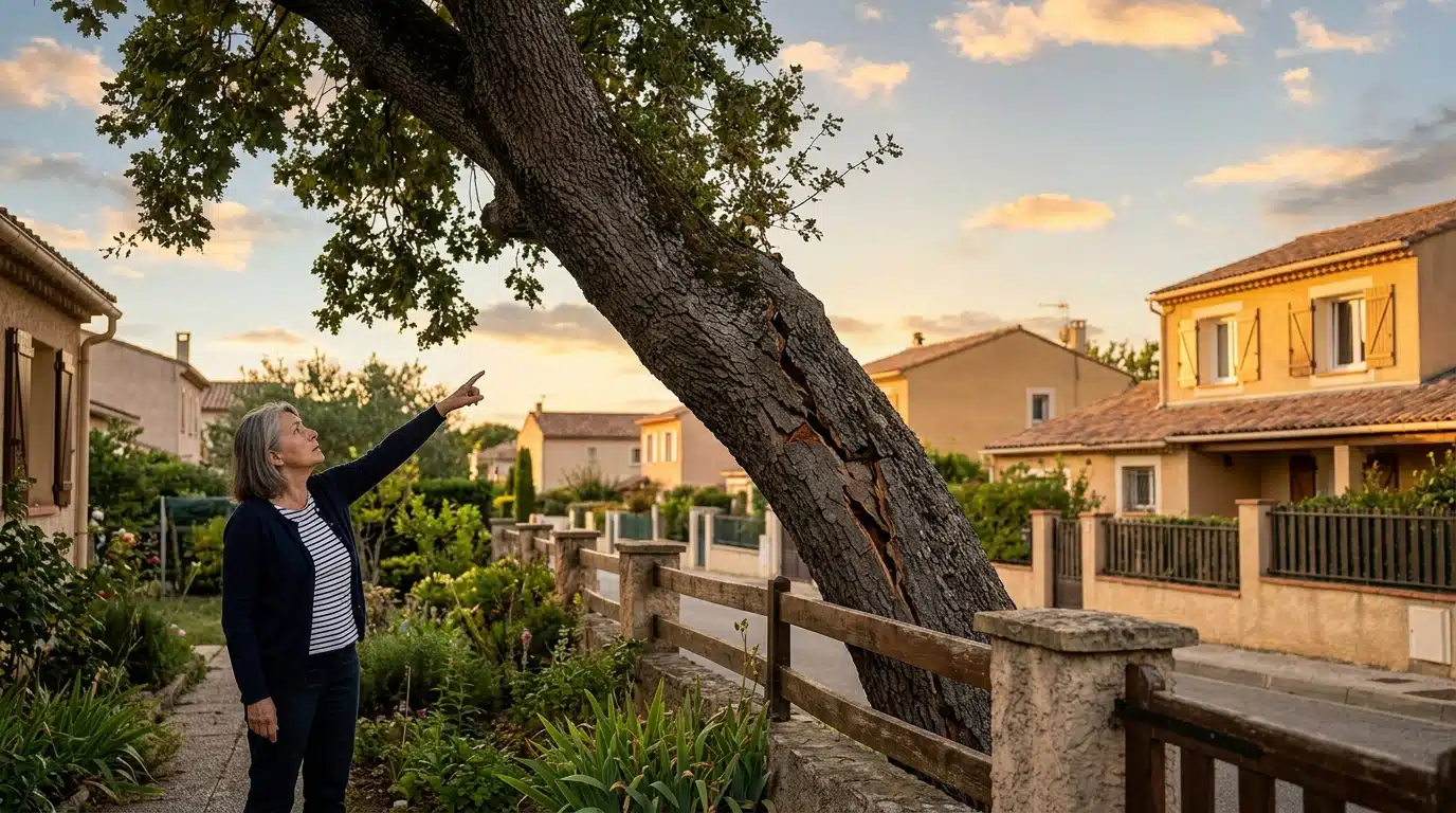Voisin observant un arbre penché dangereusement au-dessus de la clôture
