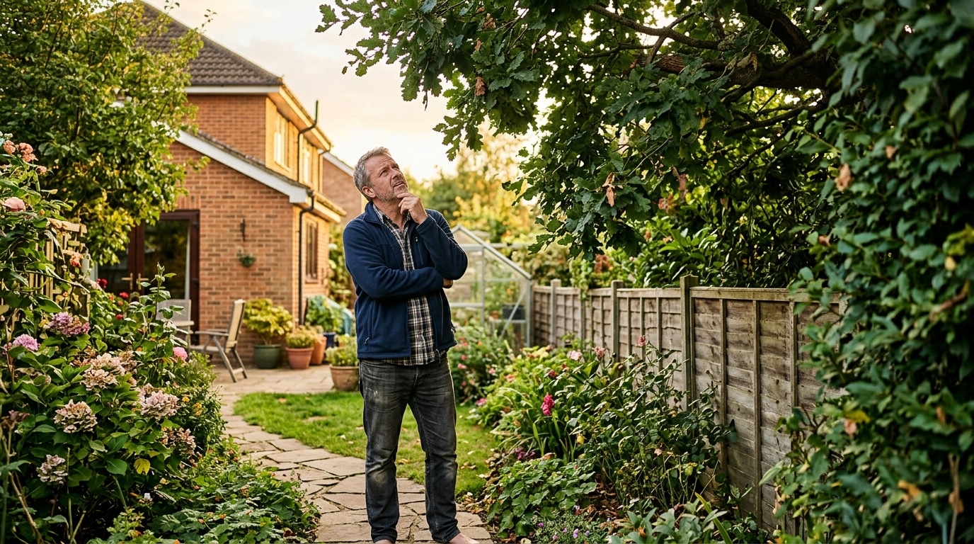 Homme regardant les branches du voisin qui débordent sur son jardin