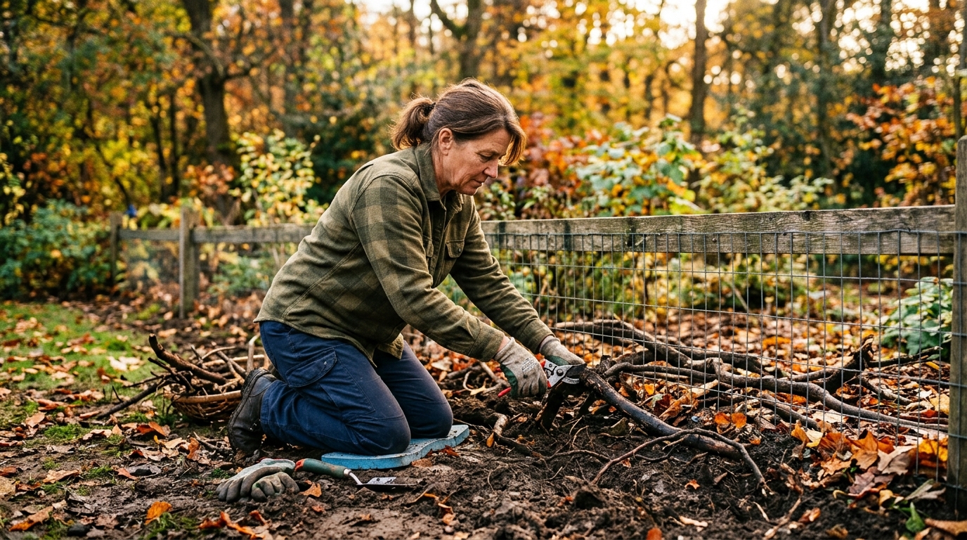 Femme coupant des racines à la limite de son terrain