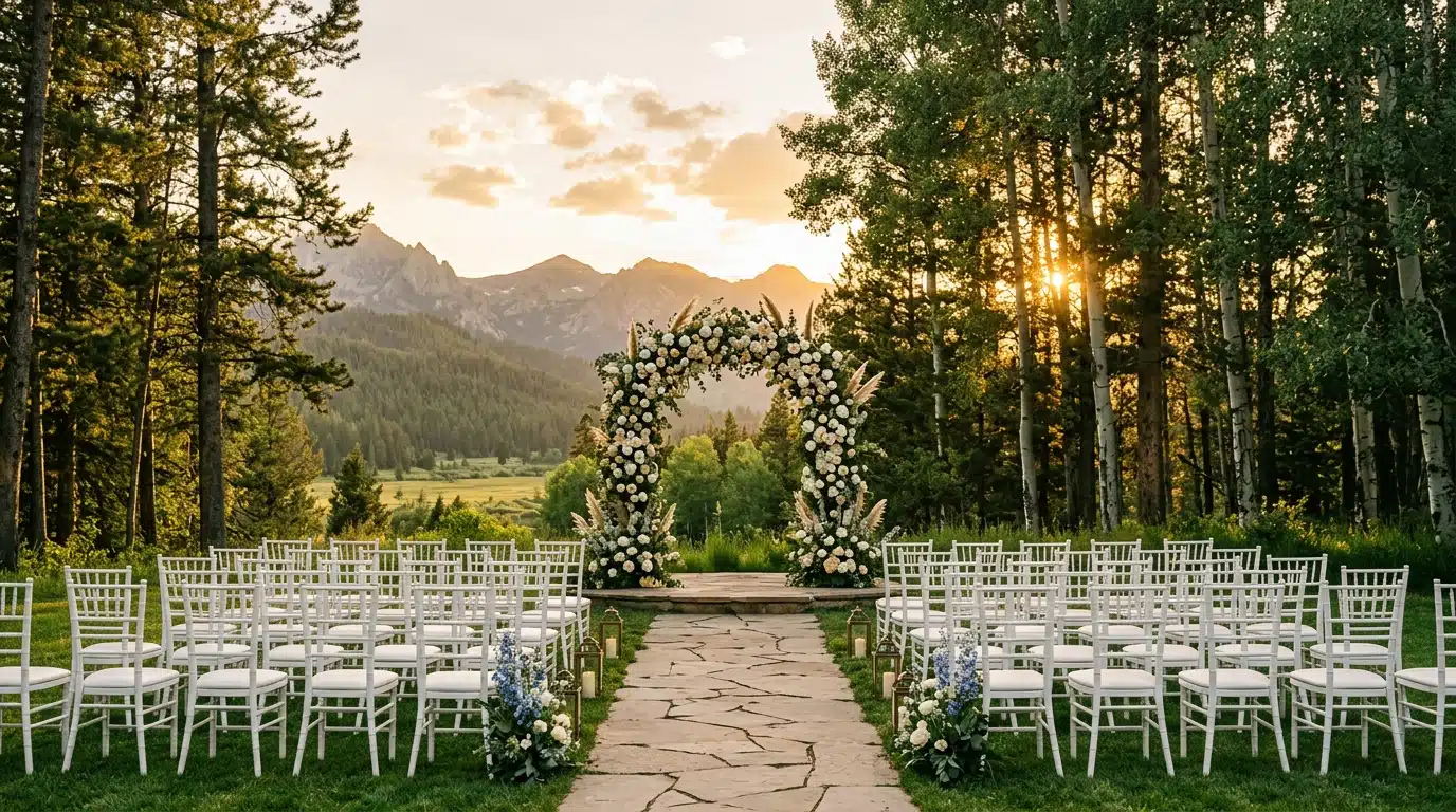 Lieu de mariage en extérieur dans l'Idaho baigné de lumière dorée