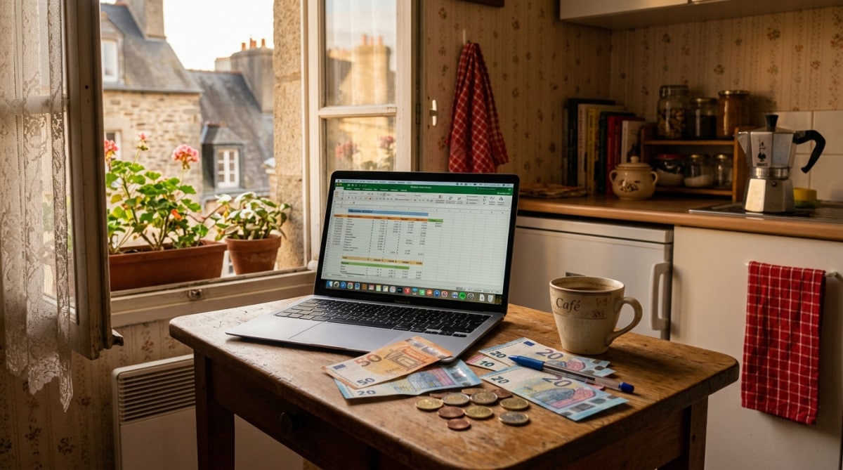 Budget mensuel calculé sur ordinateur avec billets d'euros