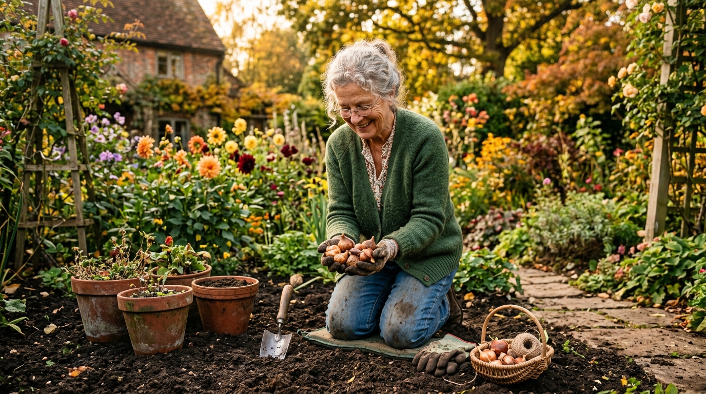 Jardinier plantant des bulbes de fleurs en septembre