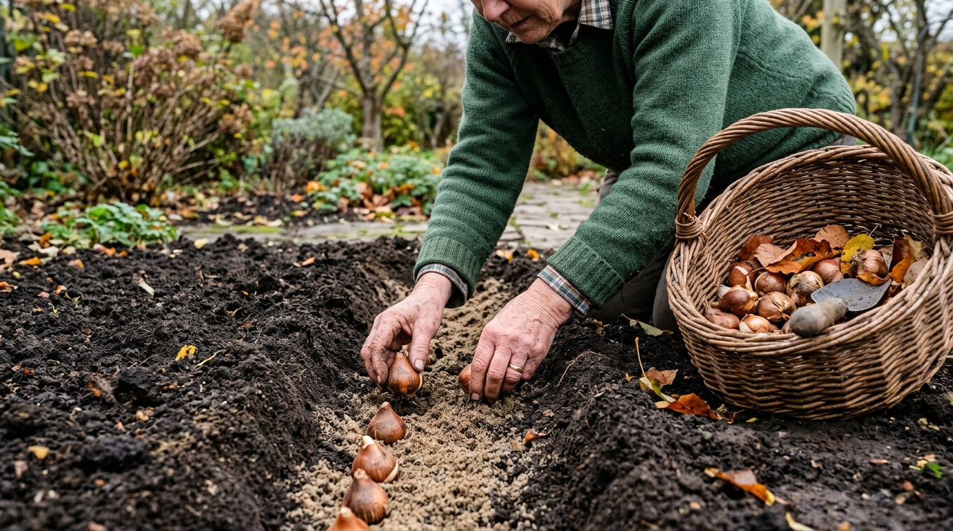 Mains plaçant des bulbes de tulipes dans un trou de plantation