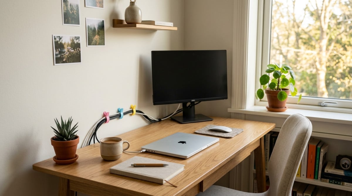 Bureau organisé avec câbles rangés par pinces