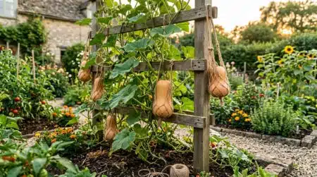 Courges butternut suspendues sur treillis de jardin