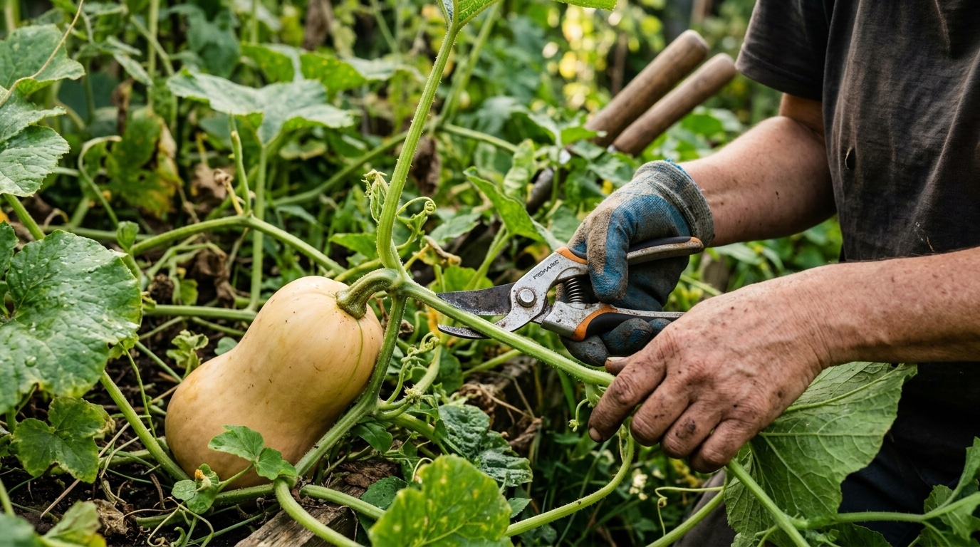 Mains taillant une tige de courge butternut