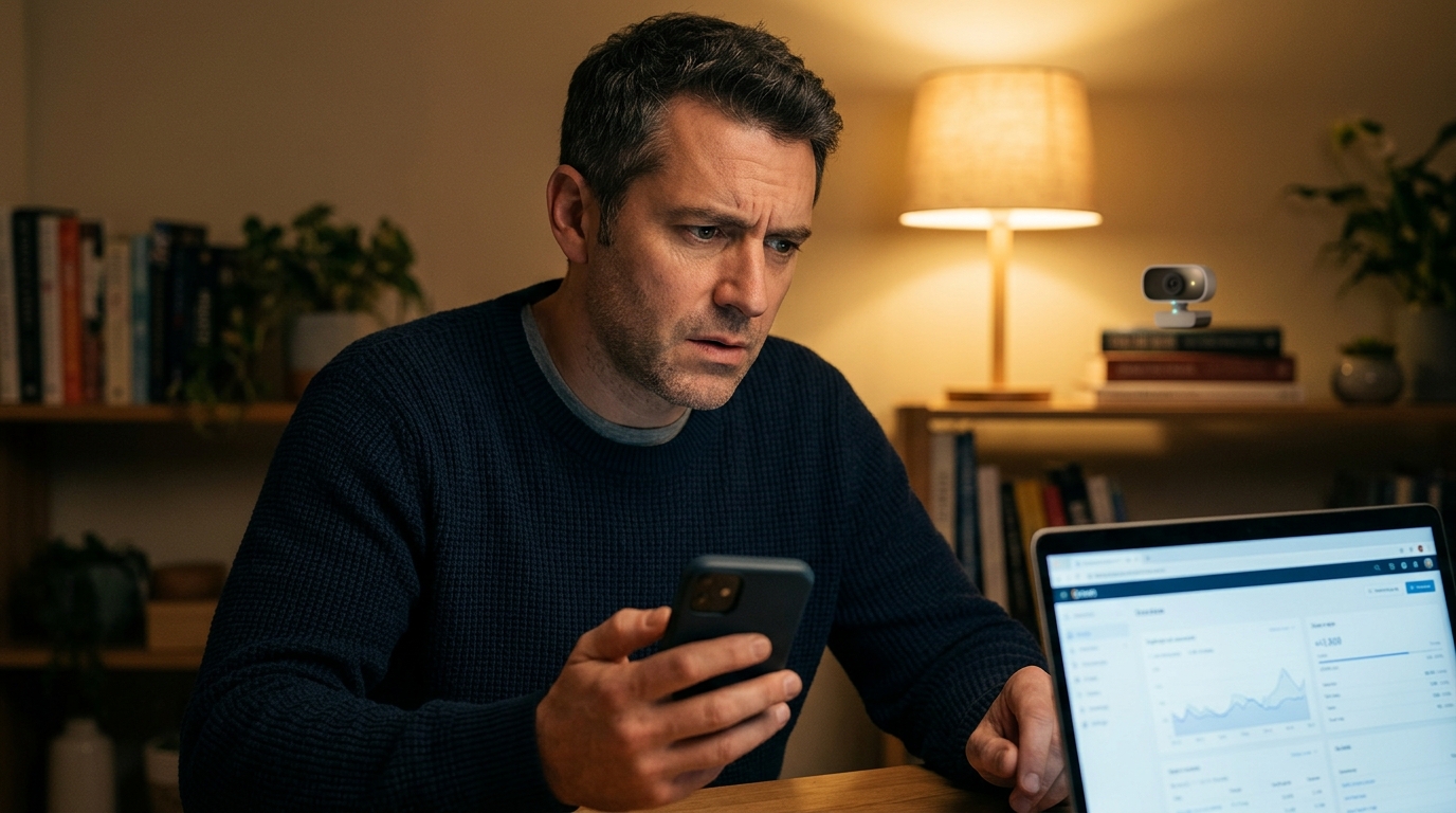 Homme inquiet face à ses appareils connectés à la maison