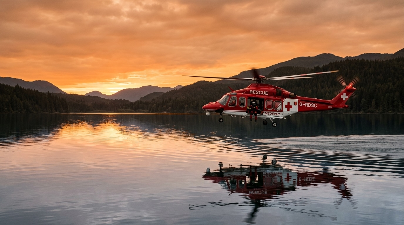 Hélicoptère du Samu survolant le lac lors des recherches