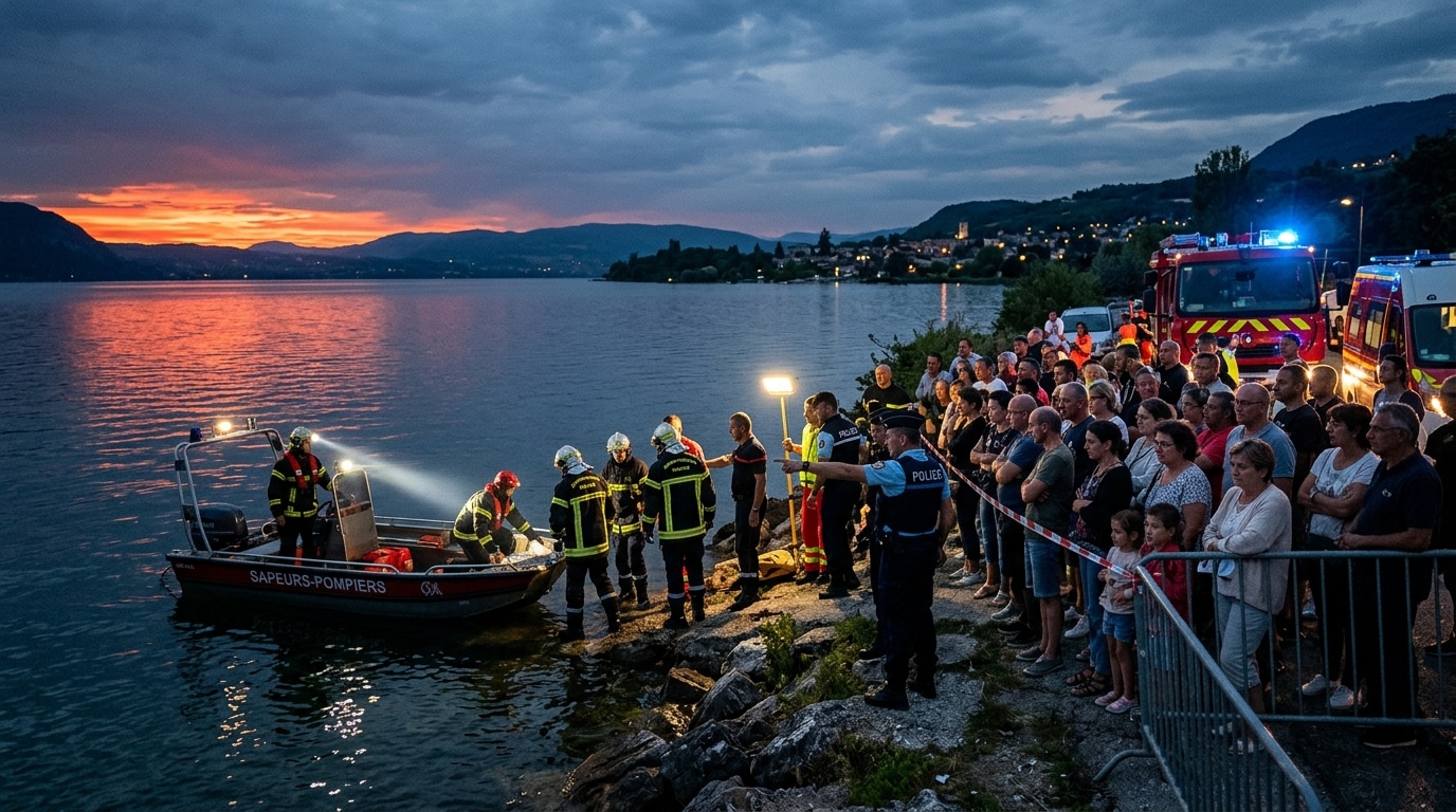Rassemblement de secours au bord du lac au crépuscule