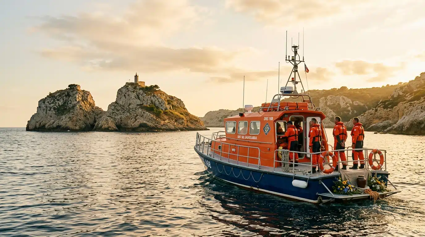 Vedette SNSM naviguant près des rochers des Deux Frères