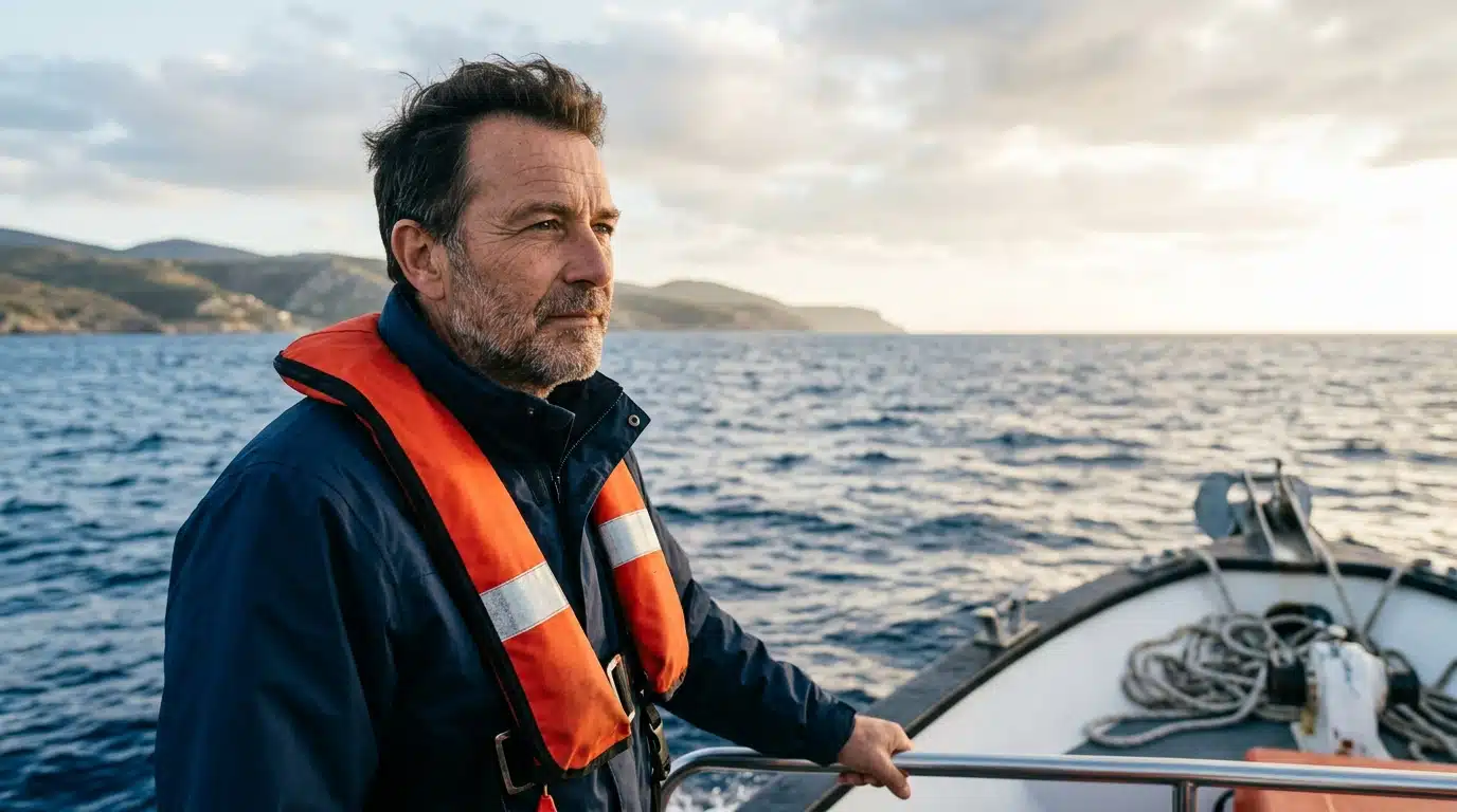 Sauveteur en mer regardant l'horizon avec émotion