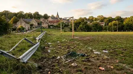 Terrain de foot communal endommagé avec débris au sol