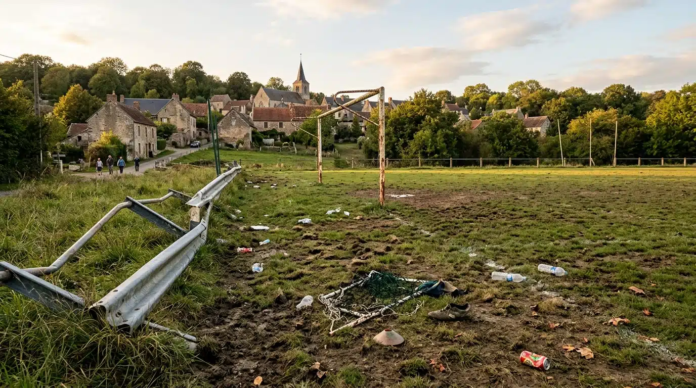 Terrain de foot communal endommagé avec débris au sol