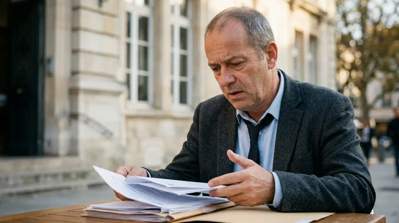Élu municipal soucieux tenant des documents administratifs