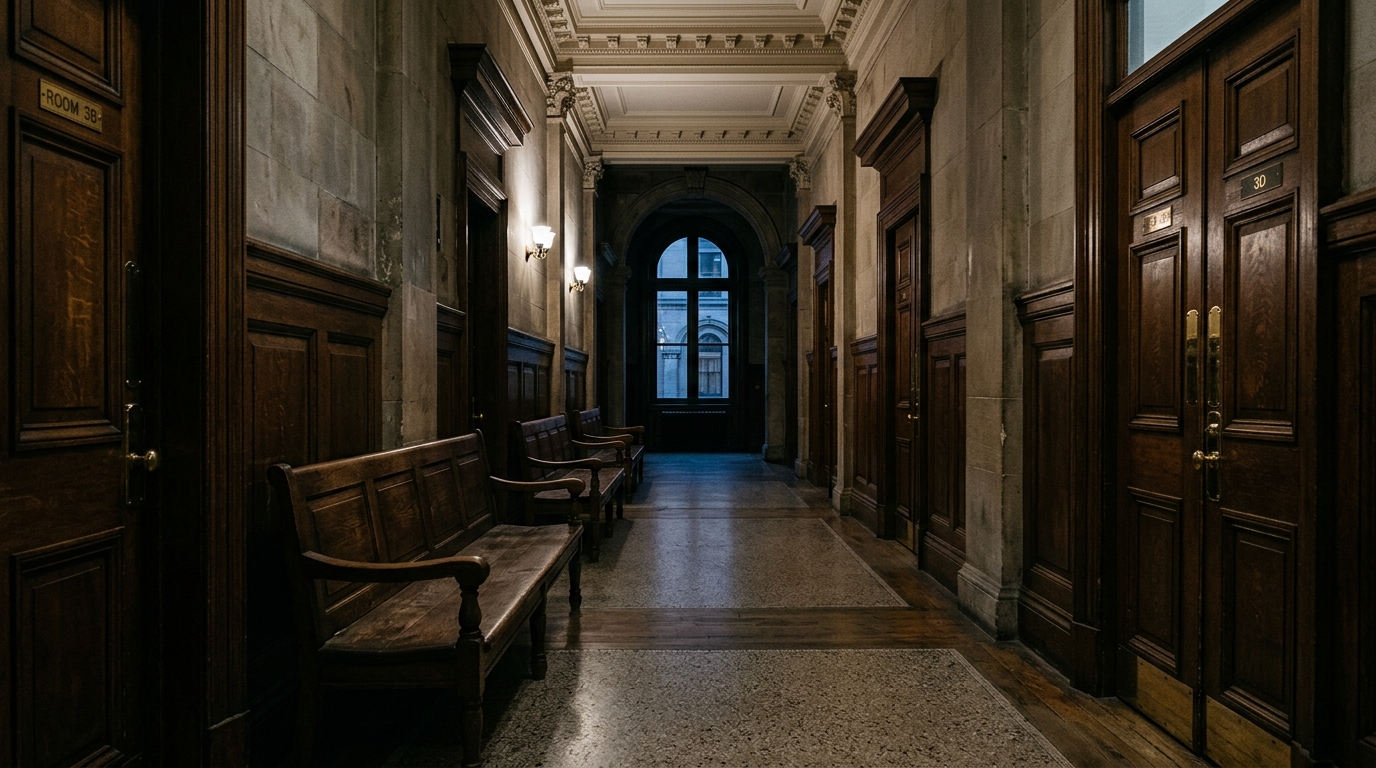 Couloir vide d'un tribunal empreint de gravité